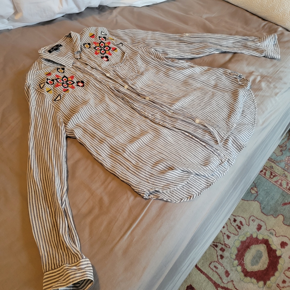 Long sleeve button striped blouse cross stitch detailing, large Velvet & Heart